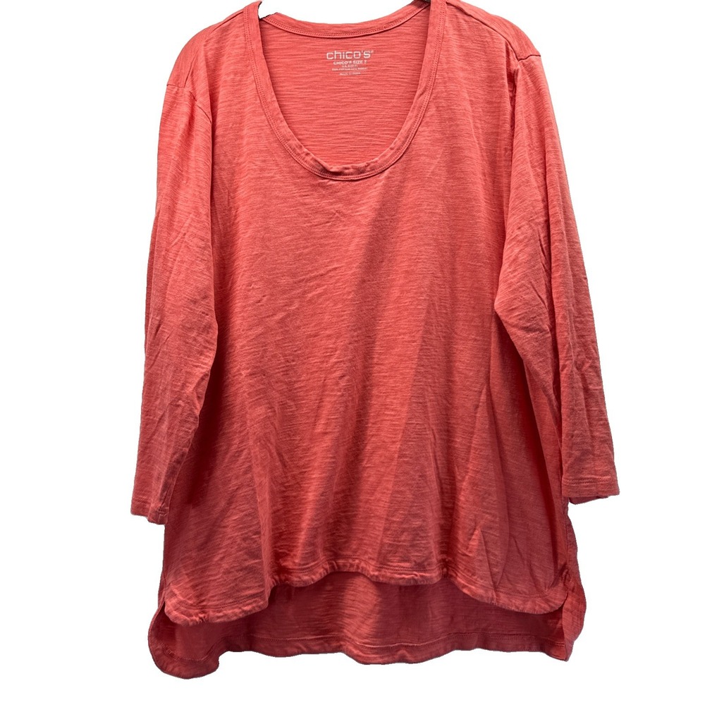 Chicos Women's Top XL Solid Coral Orange 3/4 Sleeve Slub Cotton Blend Pullover